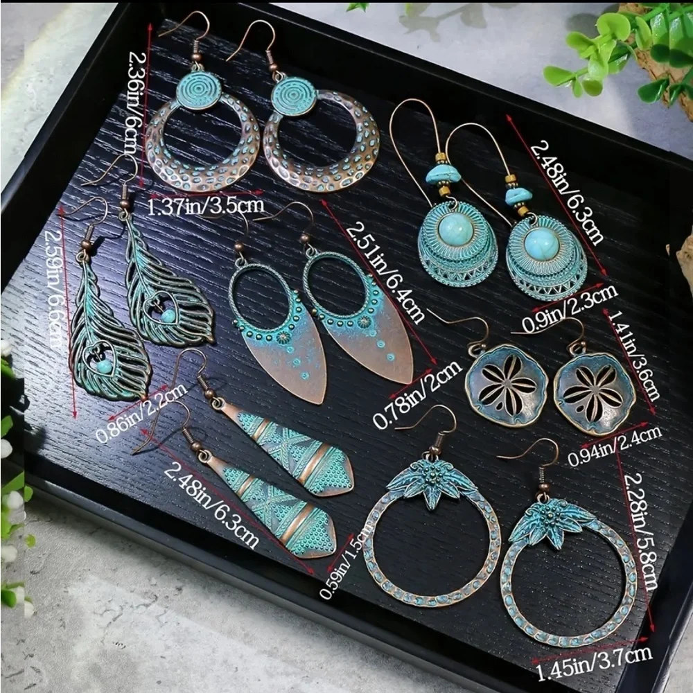 7 Pairs Turquoise Boho Rustic Geometric Earrings
